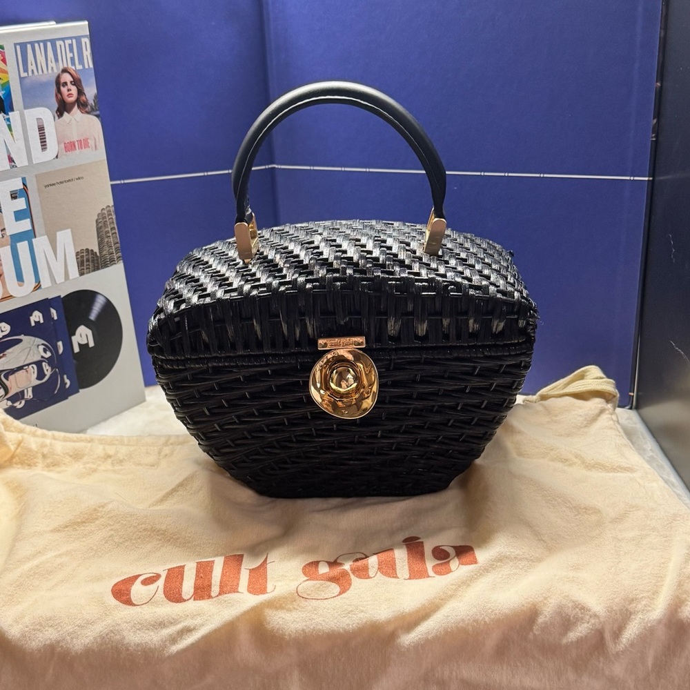Cult Gaia Black Woven Bag with Gold Accent